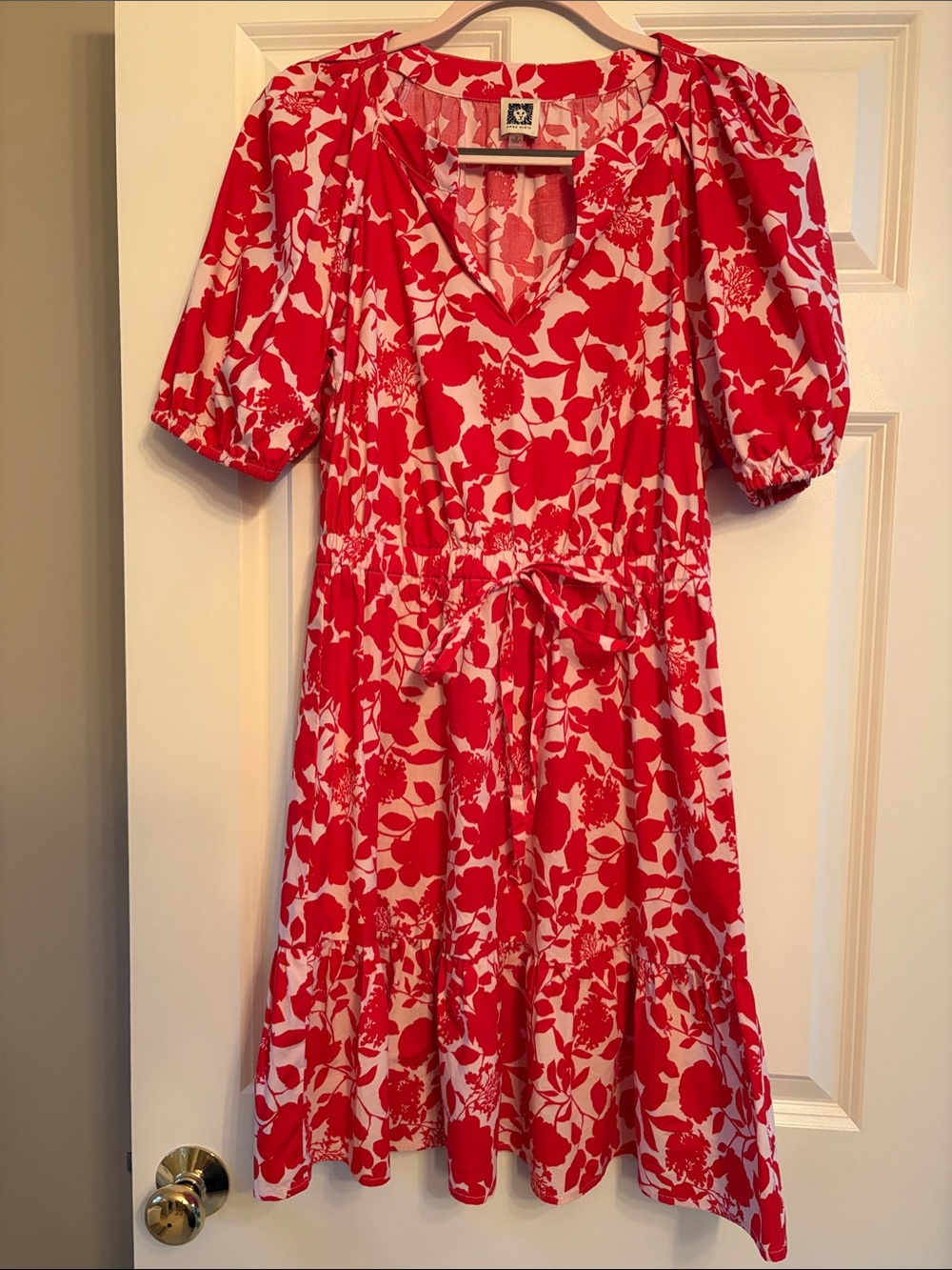 Ann Klein Red and White Floral V-Neck Dress -Size 6